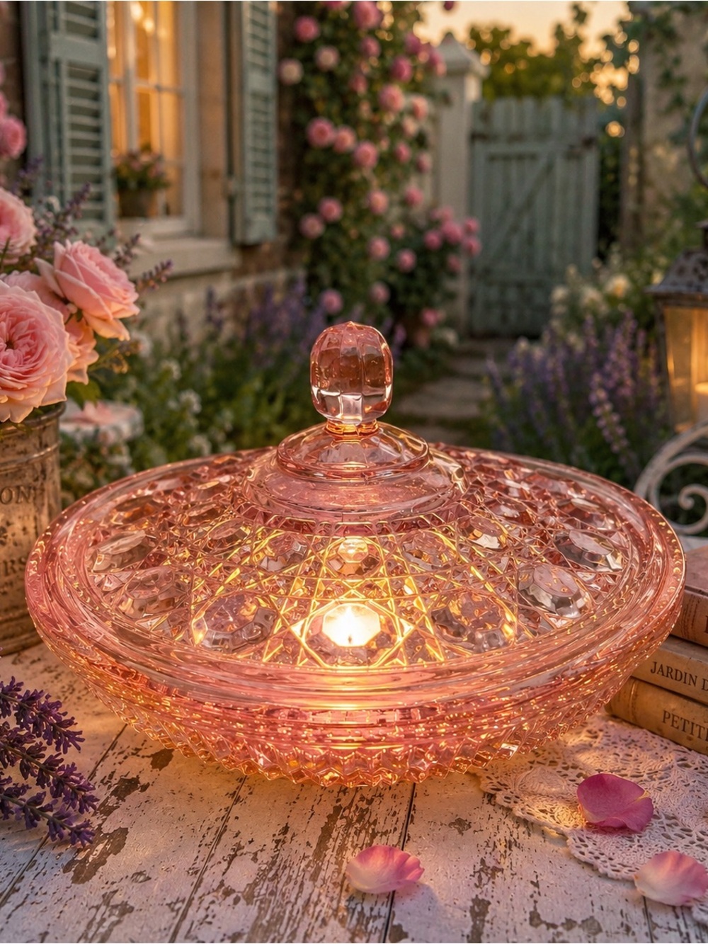 Vintage Federal Glass Pink Button & Cane Fairy Lamp | Cottagecore Decor